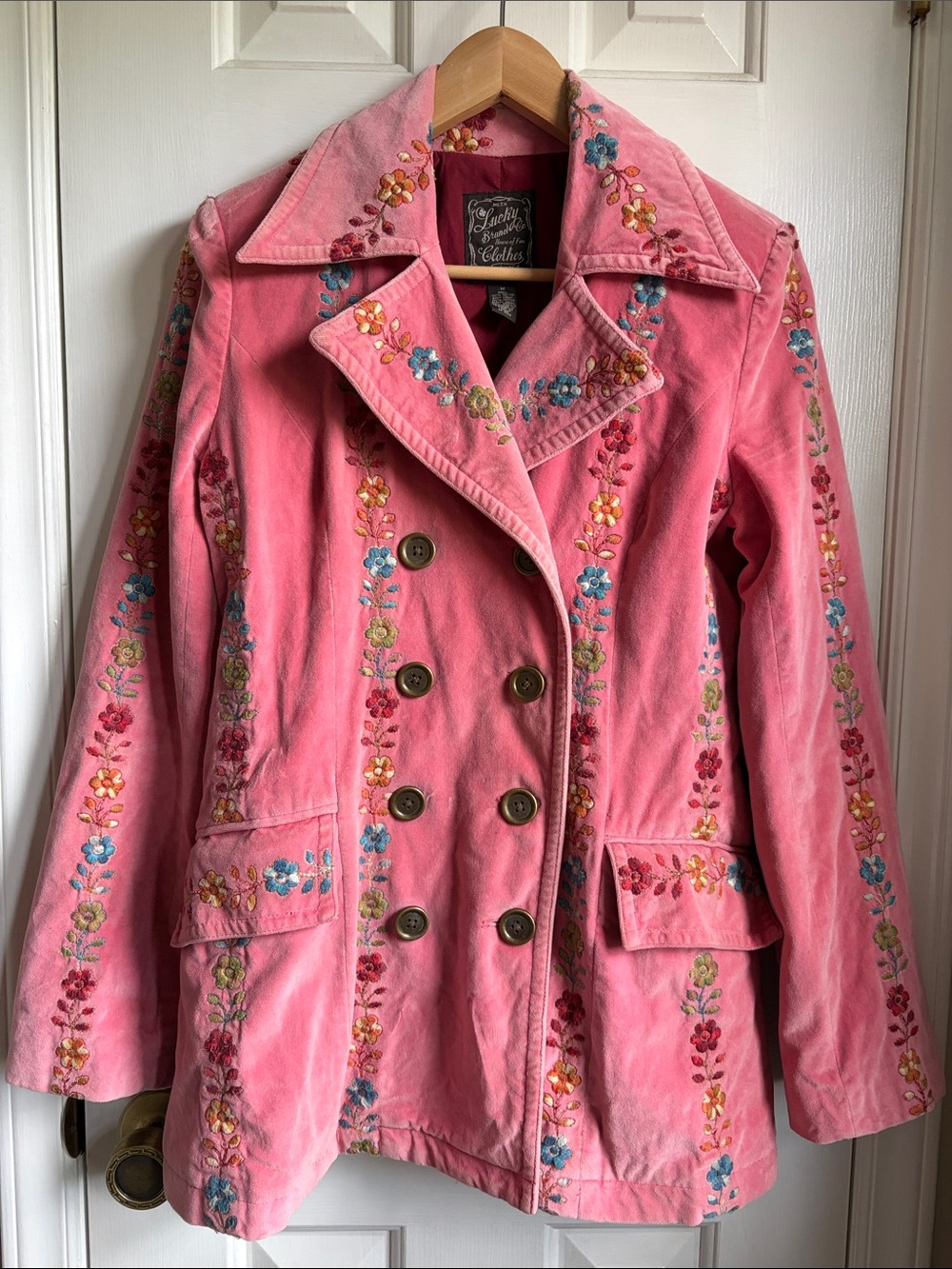 Lucky Brand Cotton Pink Floral Embroidered Button Up Pea Coat 2005